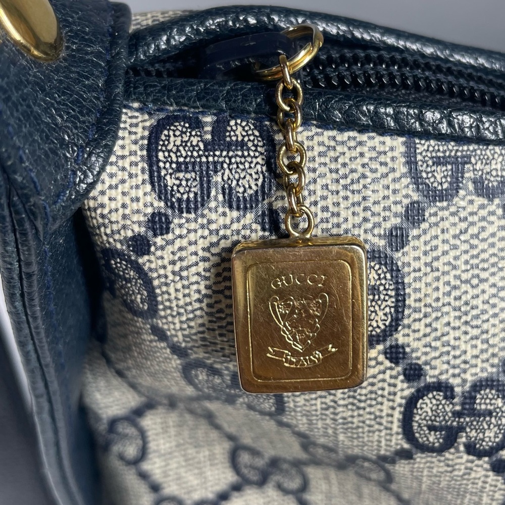 Vintage 1980’s Gucci GG Canvas Purse Handbag Bag Navy Blue Leather Trim Lining - Picture 11 of 16